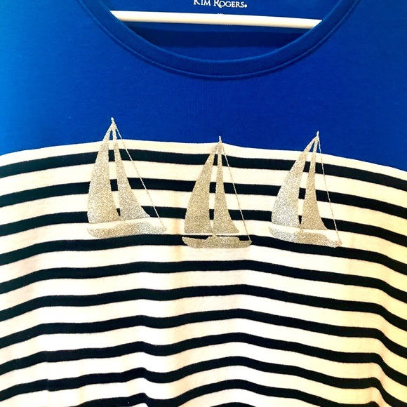 🎃🍁🎃SALE Nautical Navy Striped Top Silver Glimmer Sailboat Design XL - Picture 4 of 5